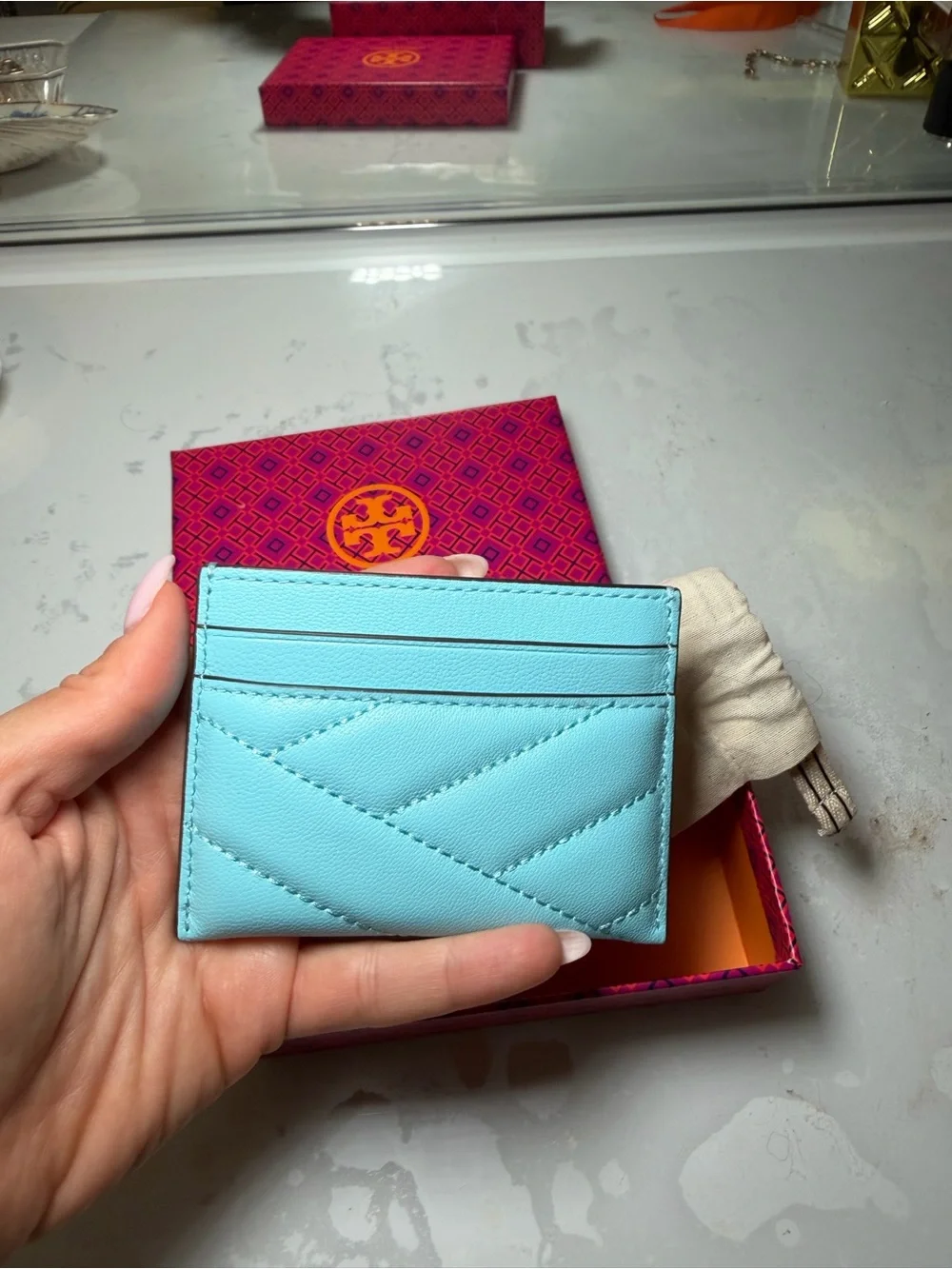 Tory Burch Sky Blue Quilted Leather Card Case with Logo